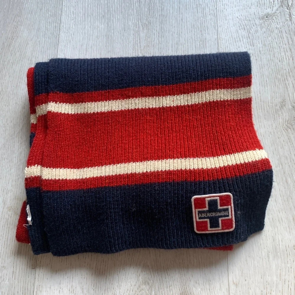 Vintage Abercrombie & Fitch Red and Navy Blue Striped Wool Scar